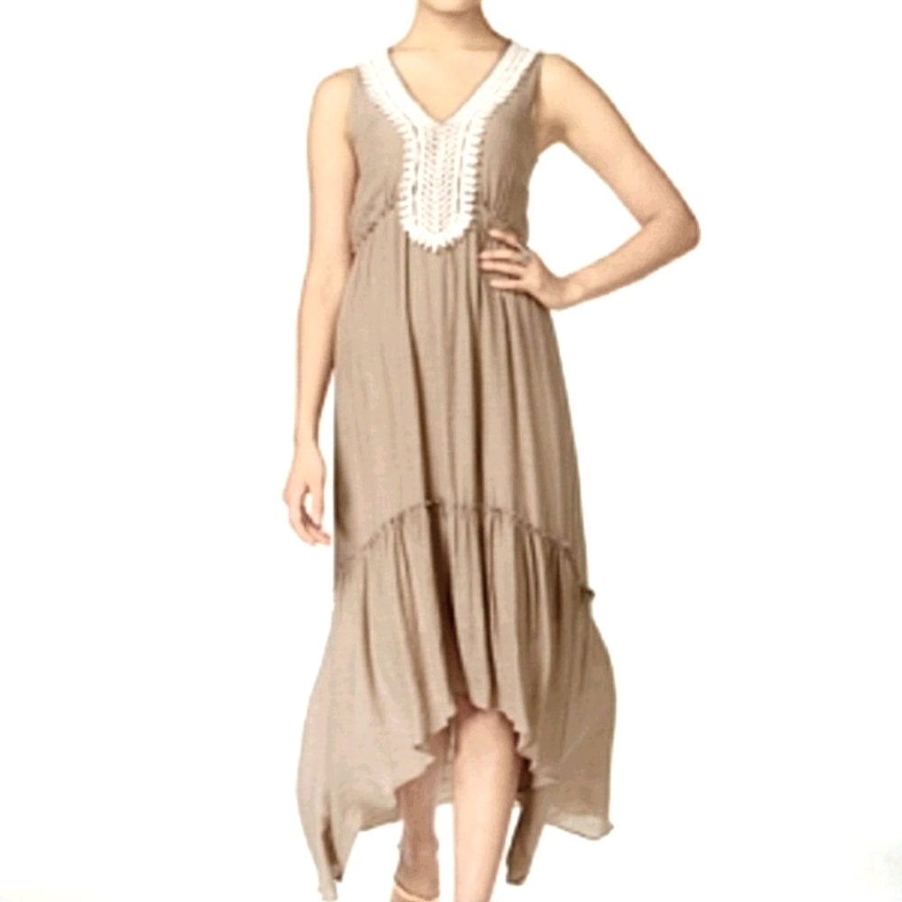 Nwt NY Collection Tan w Creme Embroidered Lace  Sleeveless Gauzy Midi Dress